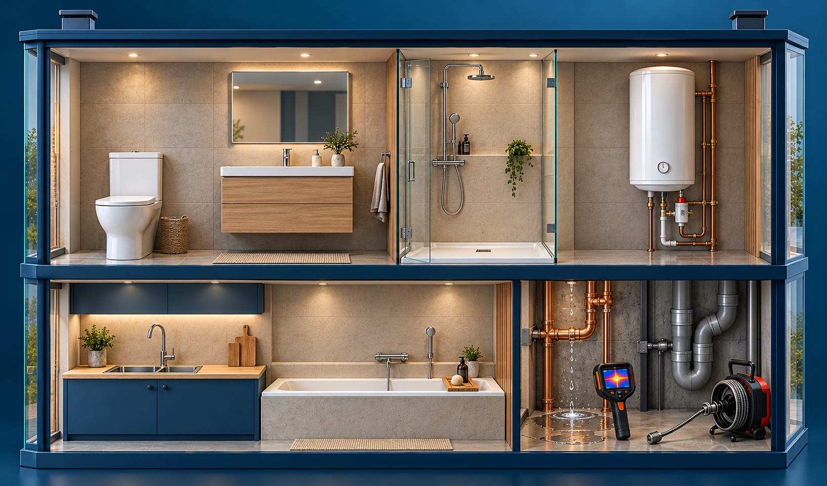 Vue en coupe d’un logement : sanitaires, cuisine, chauffe-eau et réseaux de plomberie.