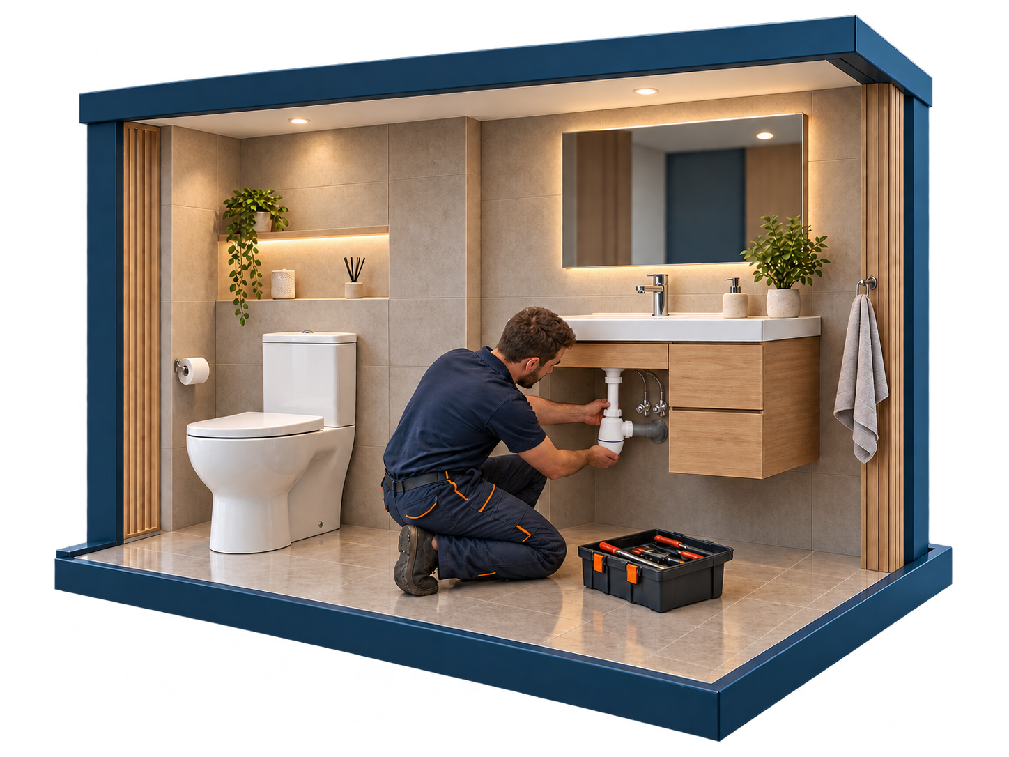 Illustration : un plombier installe les équipements d’une salle de bains.